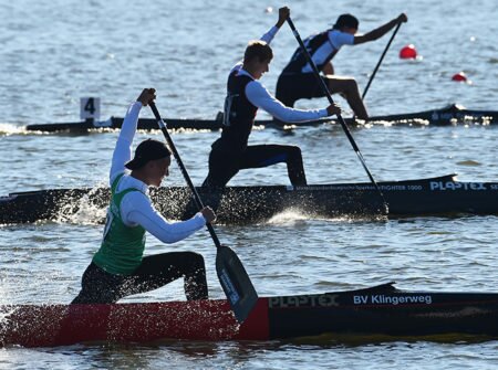 Kanu: Deutsche Meisterschaft am 25.08.2016 in Brandenburg Havel. C 1 Vorlauf auf dem Beetzsee. Foto: Bernd Settnik/dpa | Verwendung weltweit